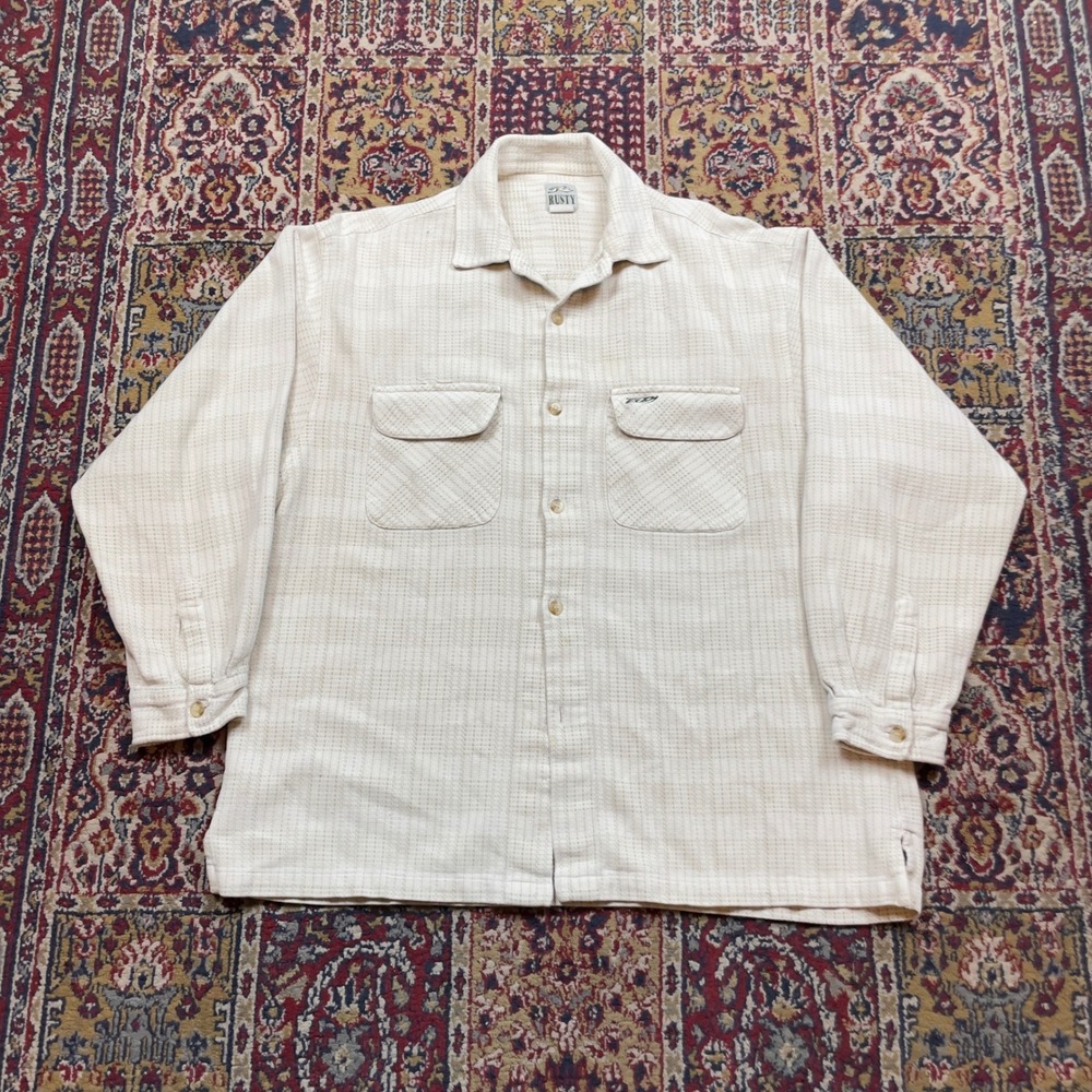 VTG Rare 90s Rusty Surf Button Up Heavy Cotton Knit Flannel Shirt Cream Green L